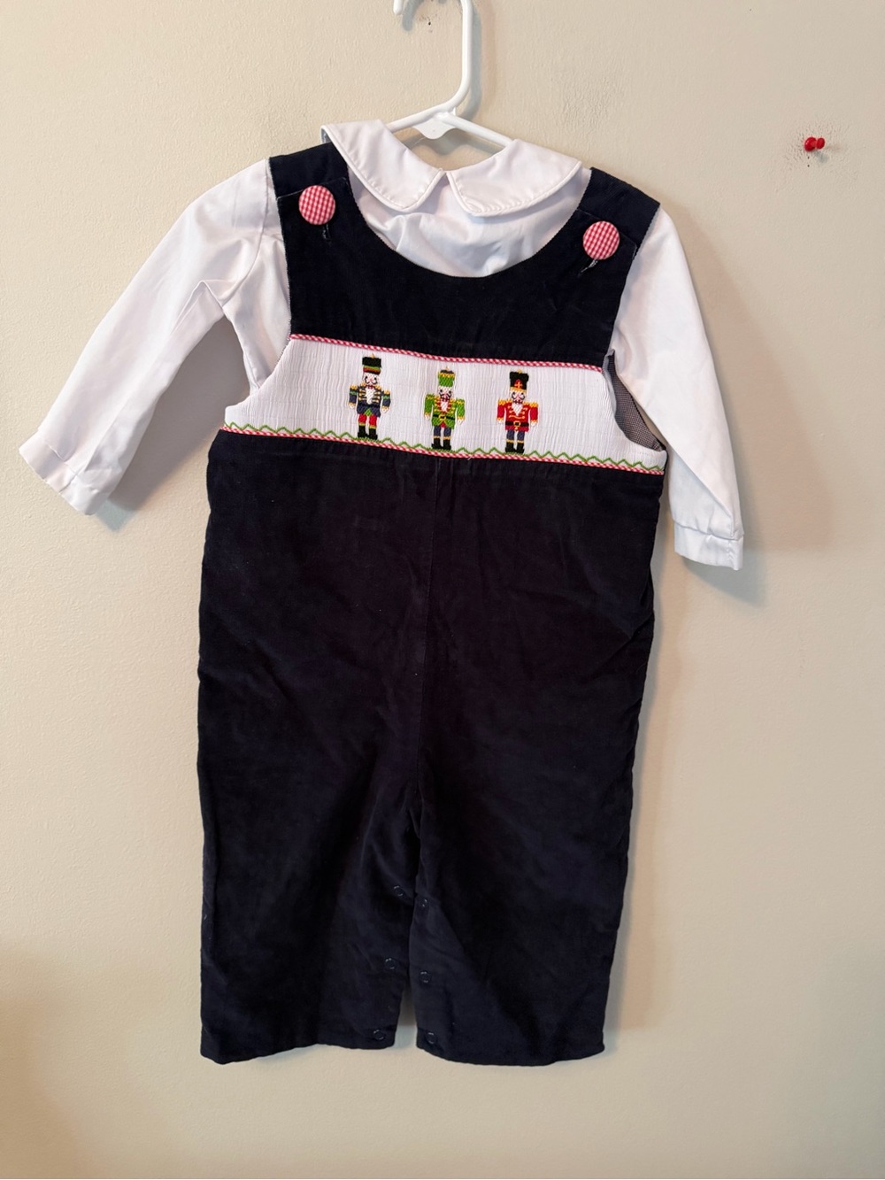 Southern Tots Navy Smocked Nutcracker Corduroy Overalls with White Blouse